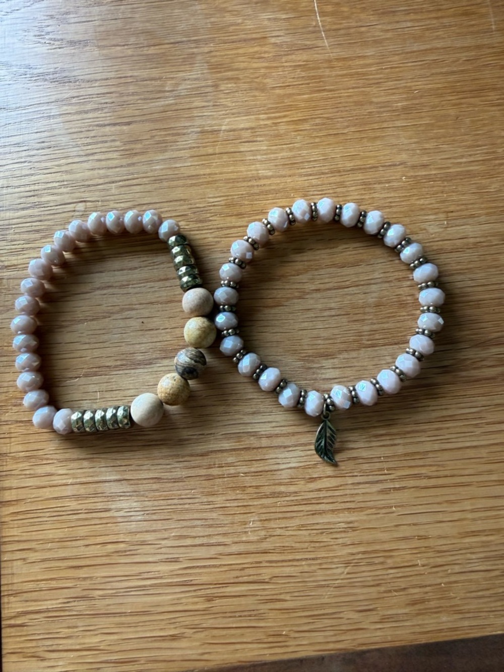 Beaded Stretch Bracelet Set with Leaf Charm